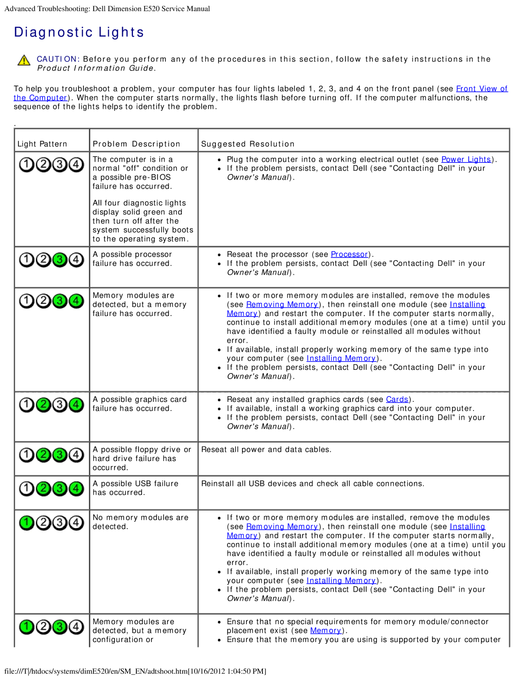 Dell E520 service manual Diagnostic Lights, Problem Description Suggested Resolution 