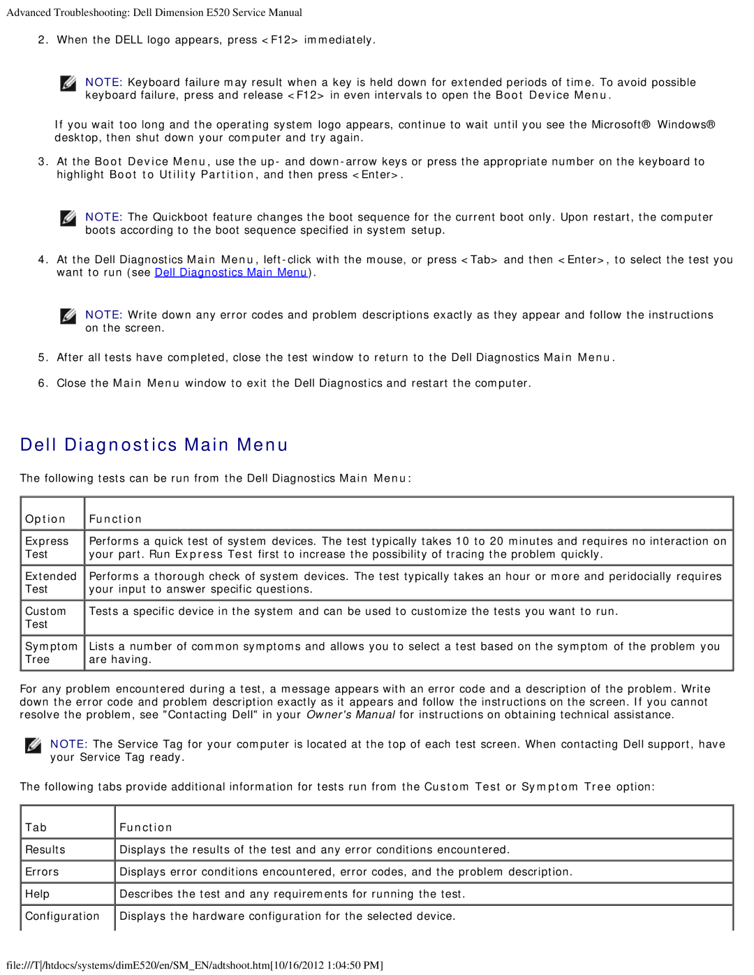 Dell E520 service manual Dell Diagnostics Main Menu, Option Function, Tab Function 