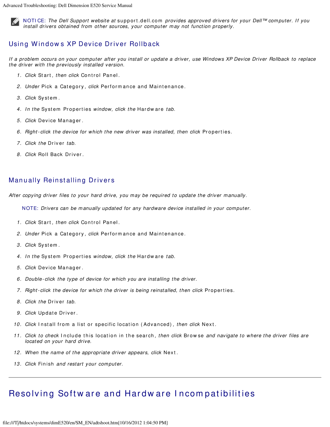 Dell E520 service manual Resolving Software and Hardware Incompatibilities, Click Roll Back Driver 