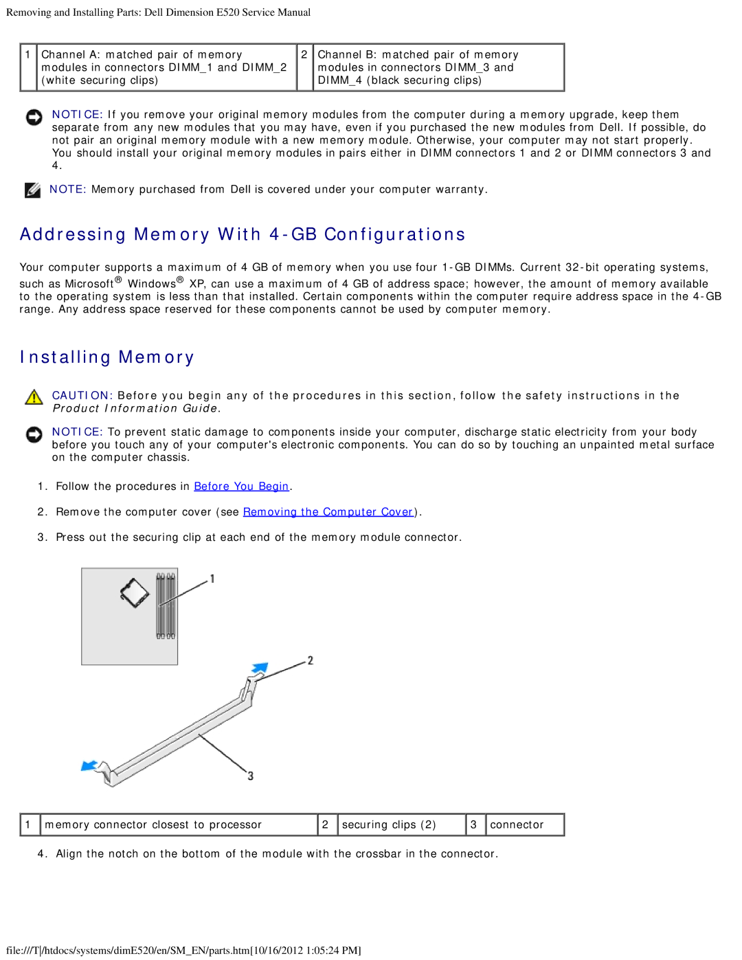 Dell E520 service manual Addressing Memory With 4-GB Configurations, Installing Memory 