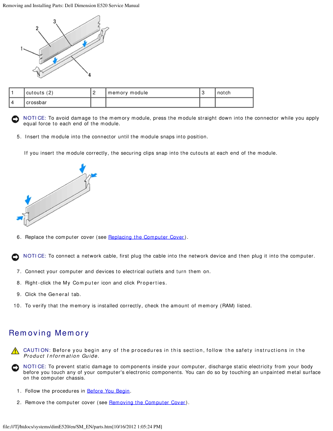 Dell E520 service manual Removing Memory 