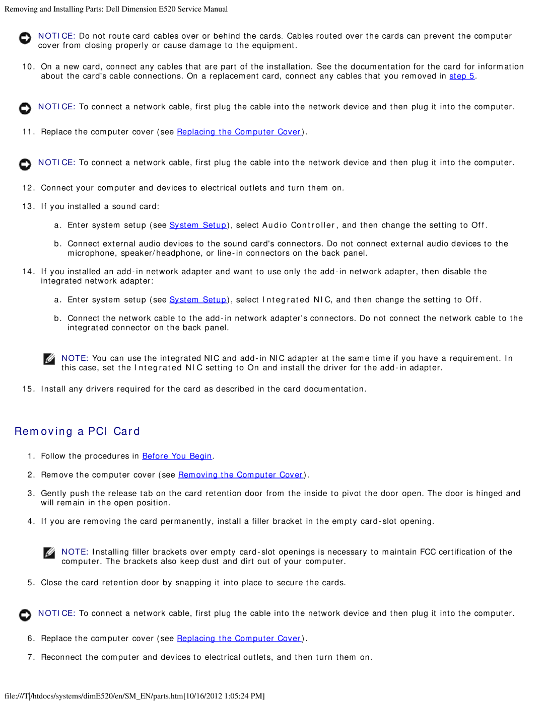 Dell E520 service manual Removing a PCI Card 