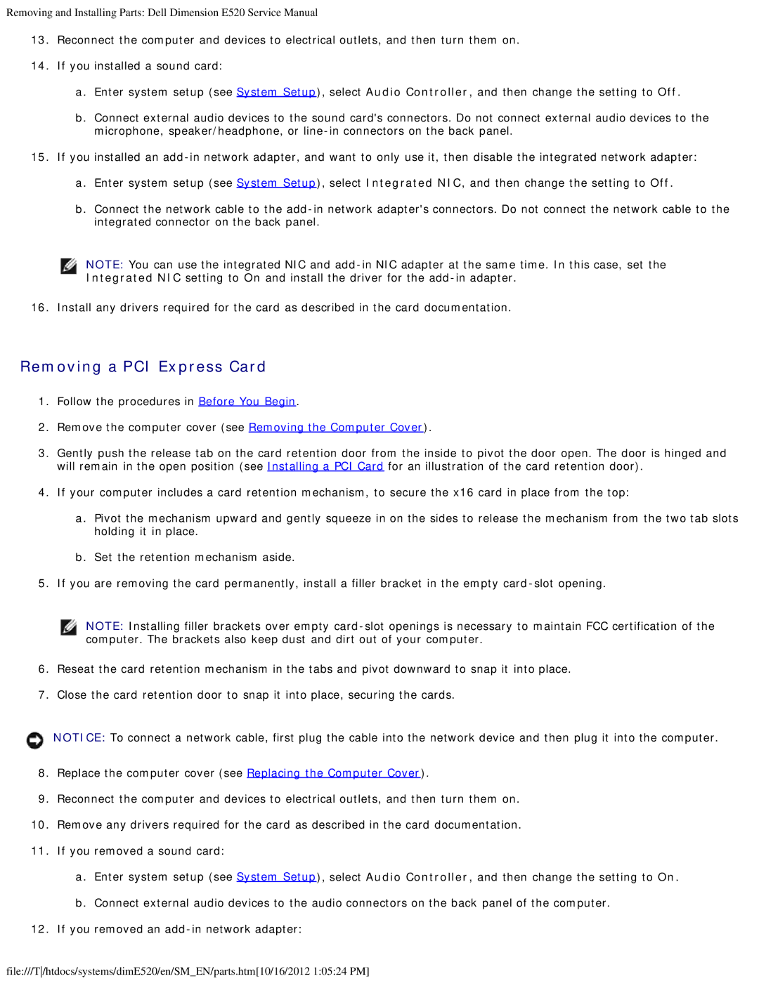 Dell E520 service manual Removing a PCI Express Card 