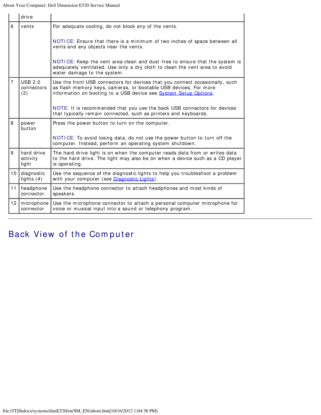 Dell E520 service manual Back View of the Computer 