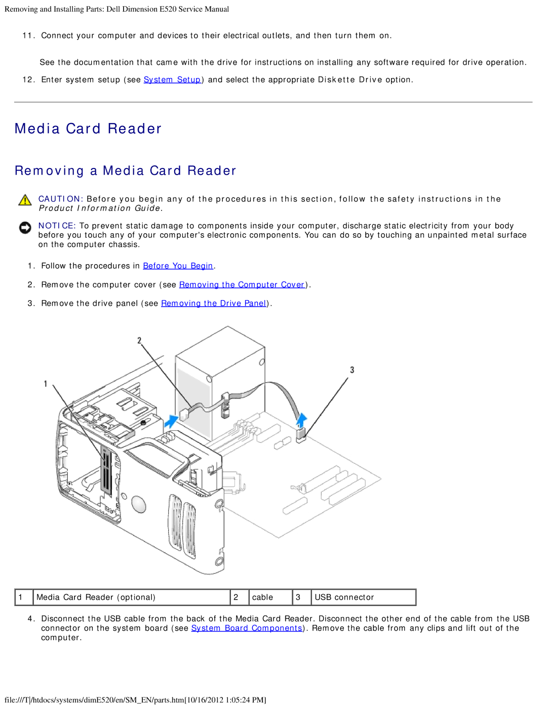 Dell E520 service manual Removing a Media Card Reader 