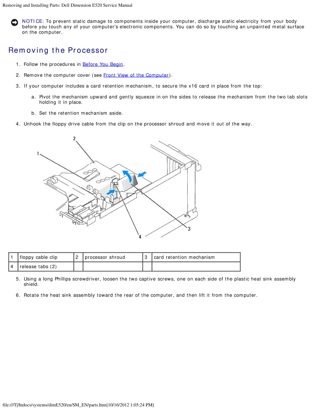 Dell E520 service manual Removing the Processor 