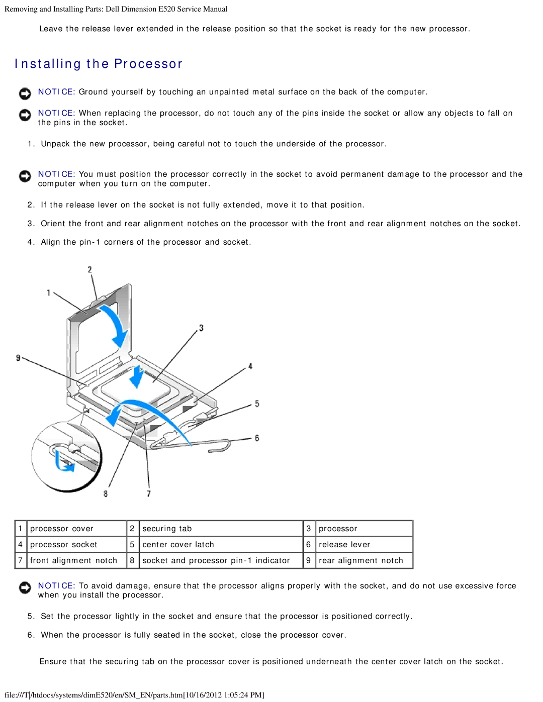 Dell E520 service manual Installing the Processor 