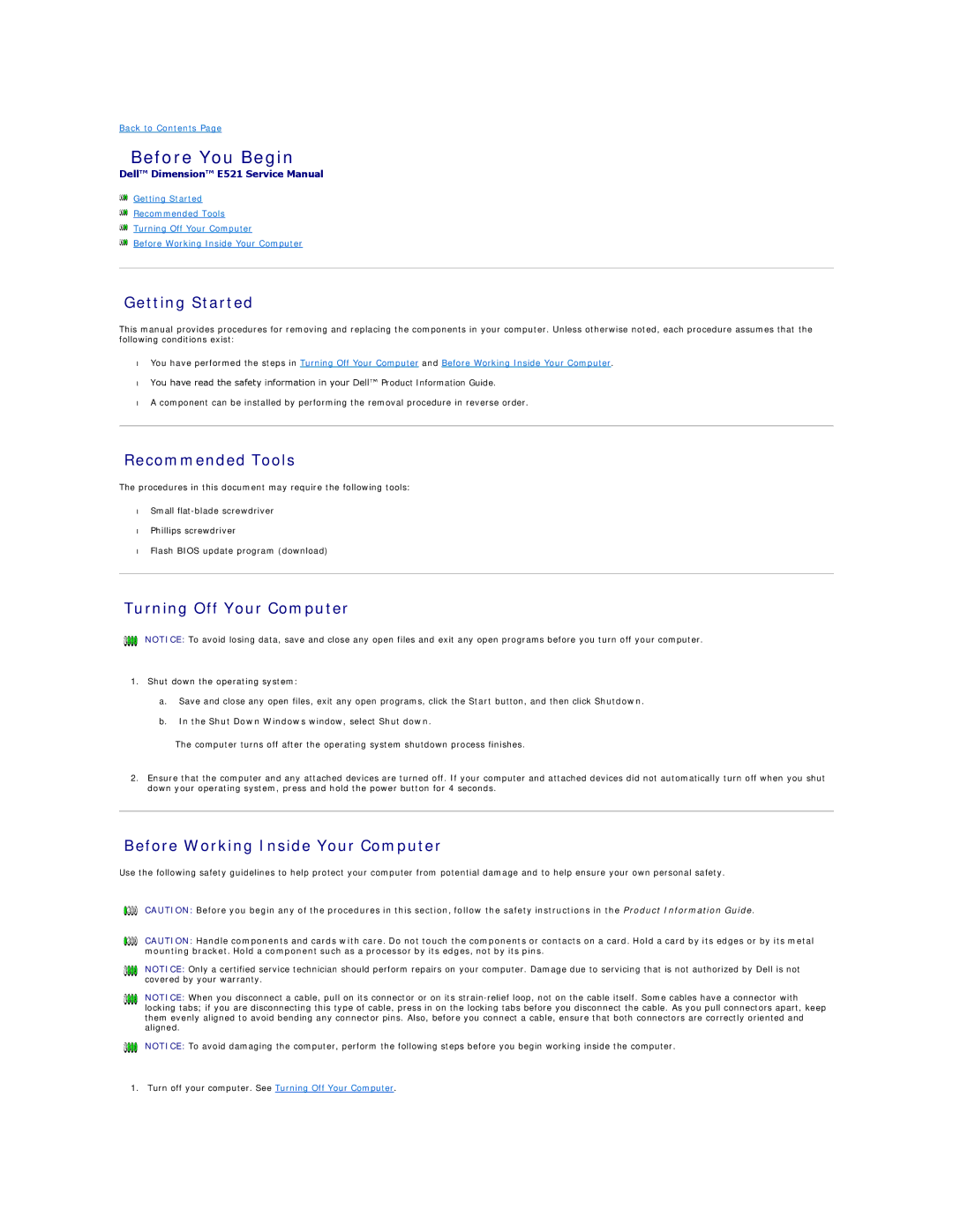 Dell E521 specifications Before You Begin, Getting Started, Recommended Tools, Turning Off Your Computer 