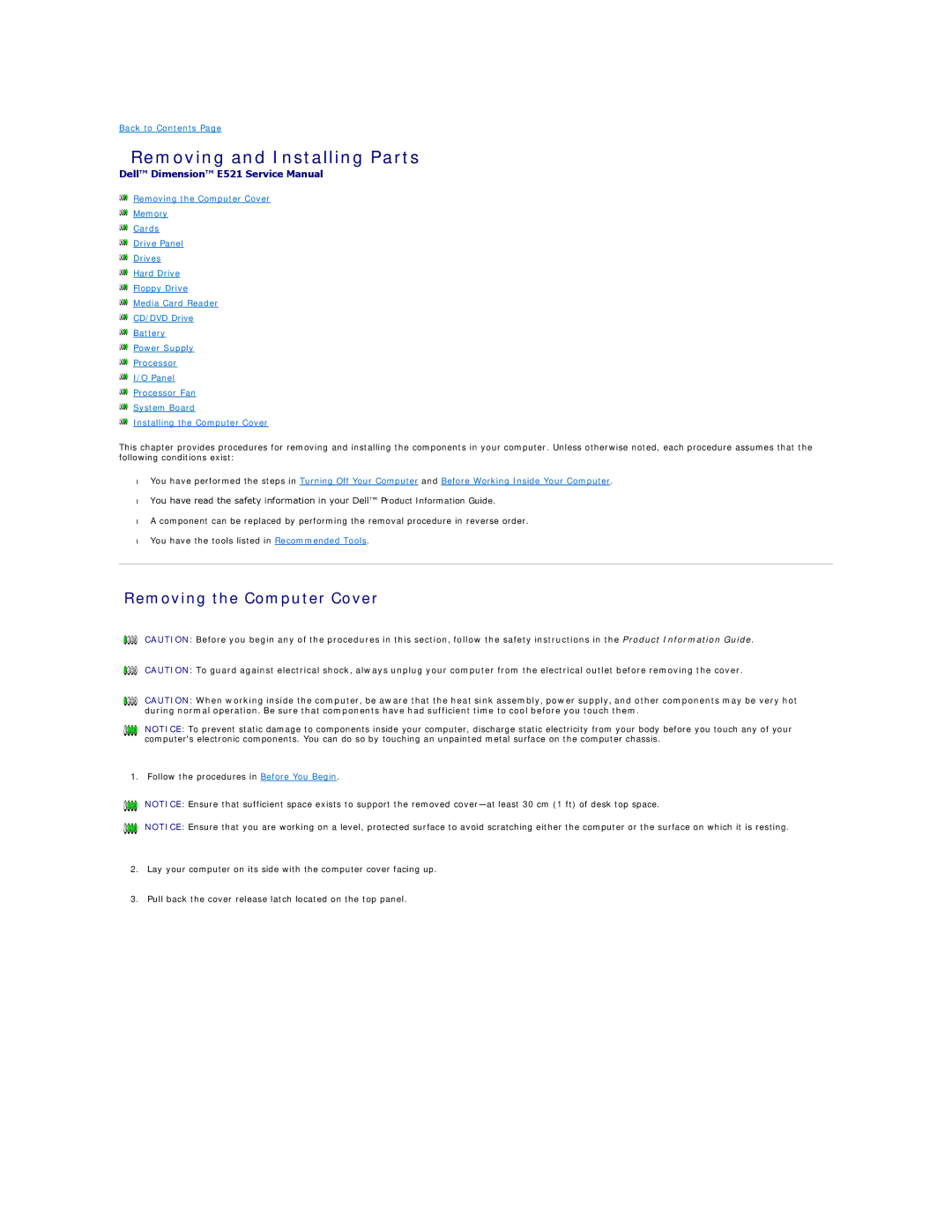 Dell E521 specifications Removing and Installing Parts, Removing the Computer Cover 