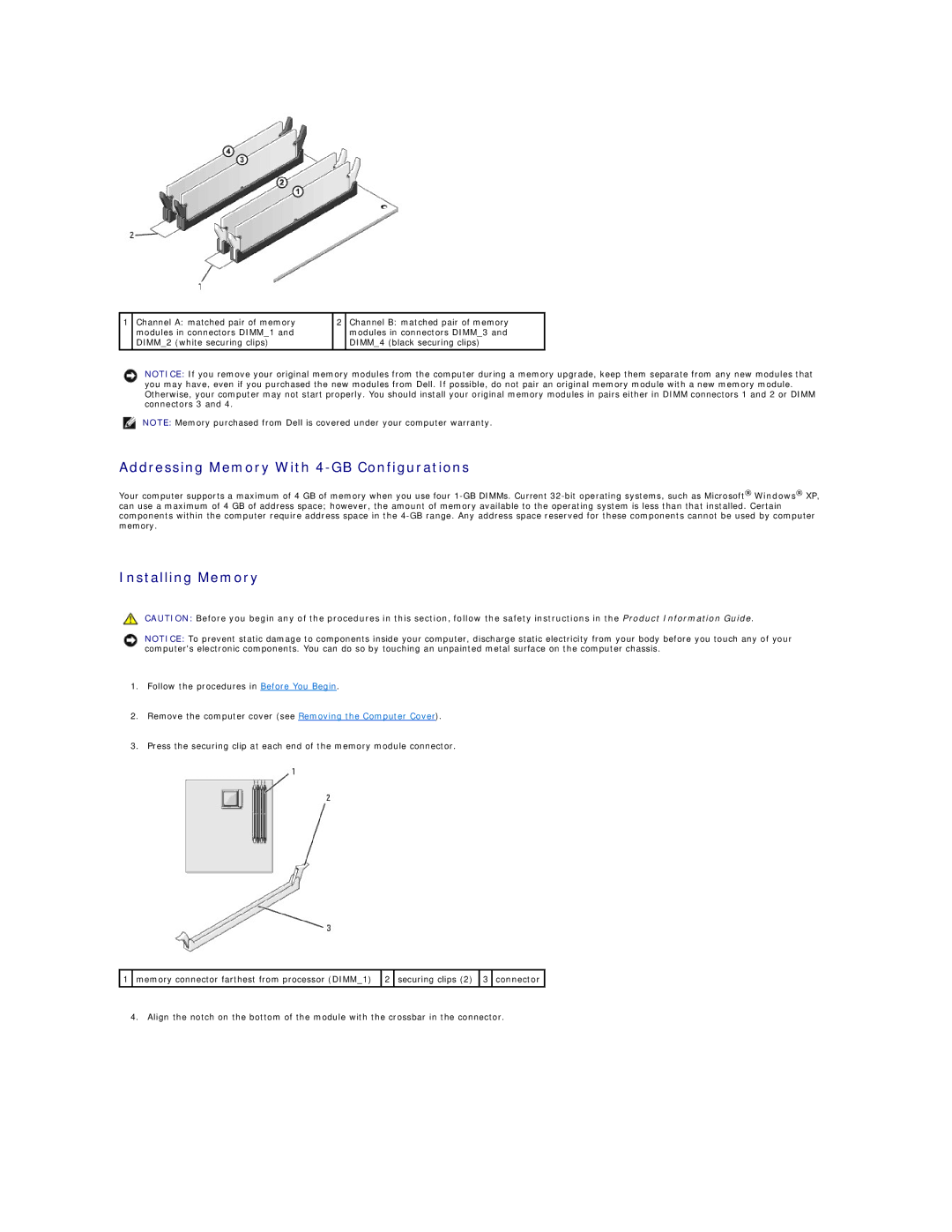 Dell E521 specifications Addressing Memory With 4-GB Configurations, Installing Memory 