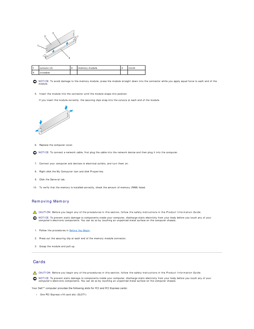 Dell E521 specifications Cards, Removing Memory 