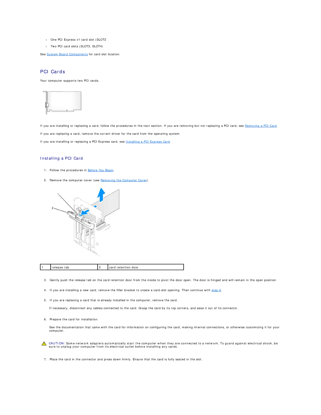 Dell E521 specifications PCI Cards, Installing a PCI Card 