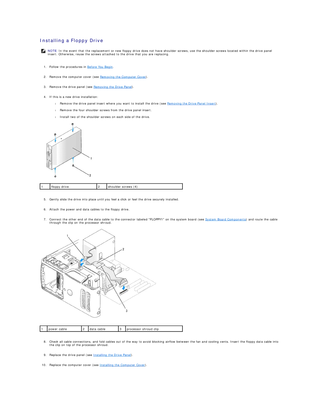 Dell E521 specifications Installing a Floppy Drive 