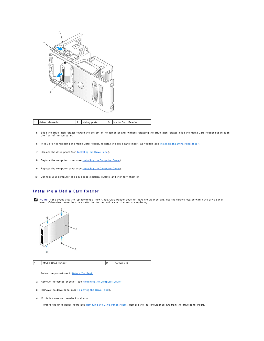 Dell E521 specifications Installing a Media Card Reader 