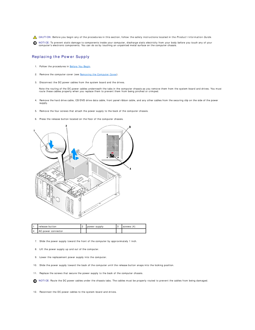 Dell E521 specifications Replacing the Power Supply 