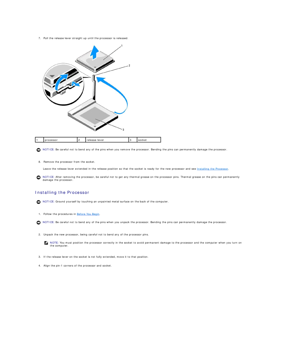 Dell E521 specifications Installing the Processor 