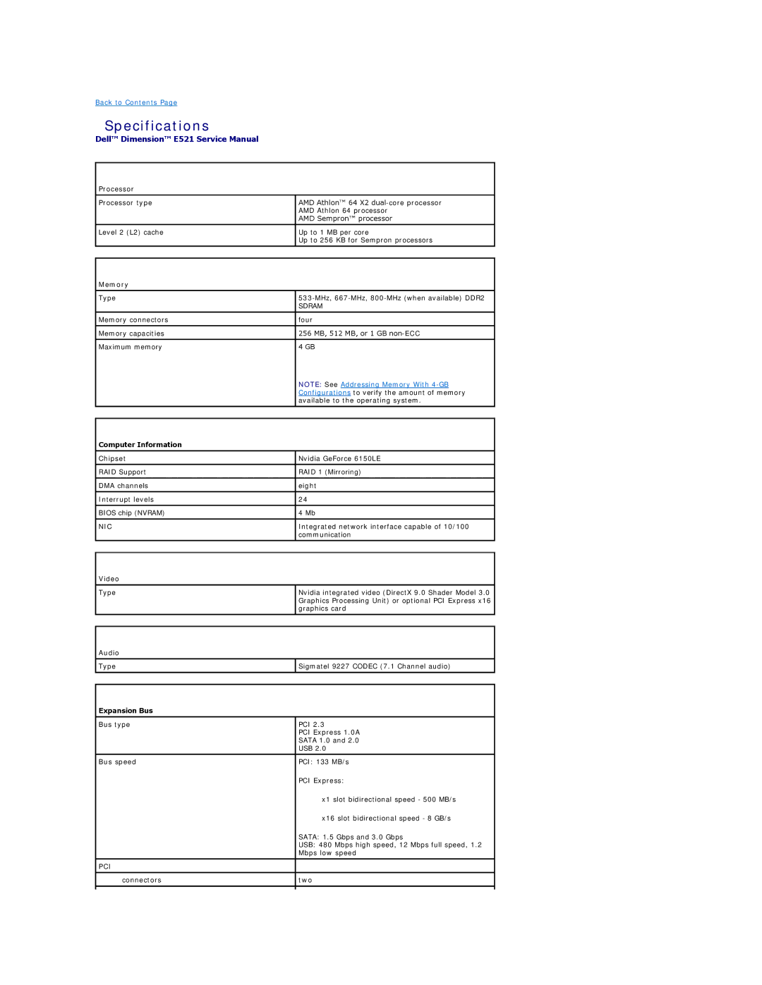 Dell E521 specifications Specifications 