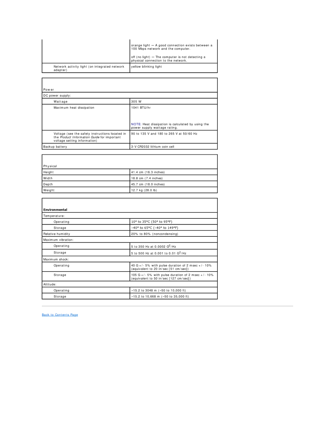 Dell E521 specifications Power, Physical, Environmental 