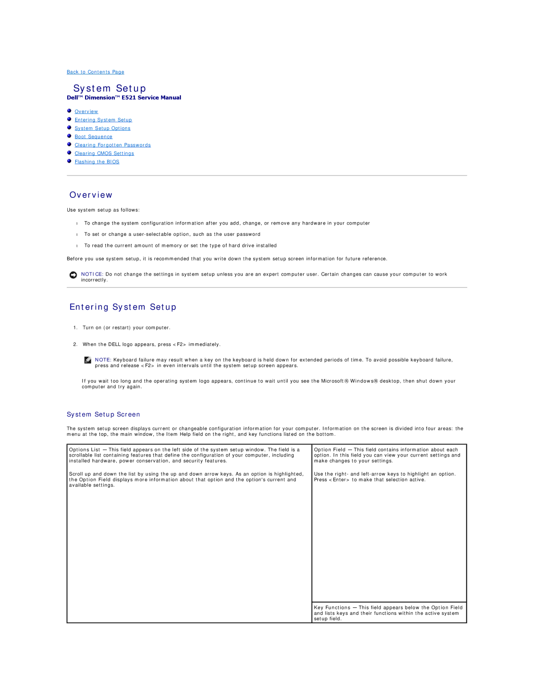 Dell E521 specifications Overview, Entering System Setup, System Setup Screen 