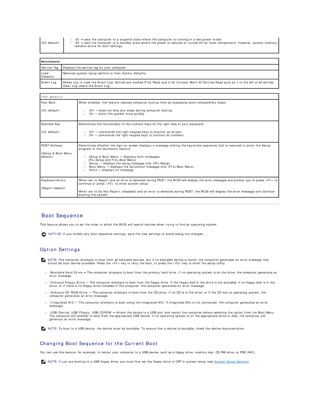 Dell E521 specifications Option Settings, Changing Boot Sequence for the Current Boot, Clear Log clears the Event Log 