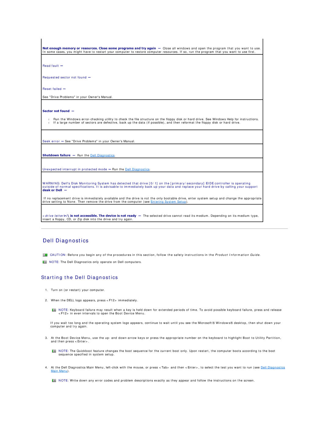 Dell E521 specifications Starting the Dell Diagnostics 