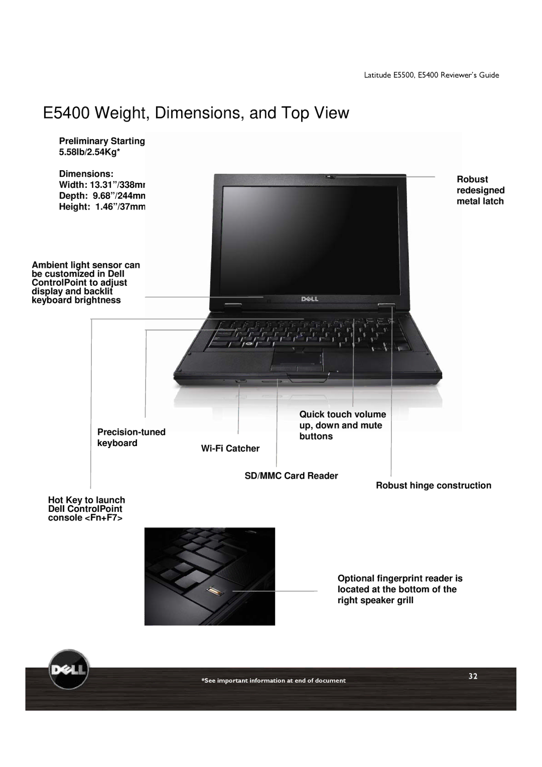 Dell E5500 manual E5400 Weight, Dimensions, and Top View 