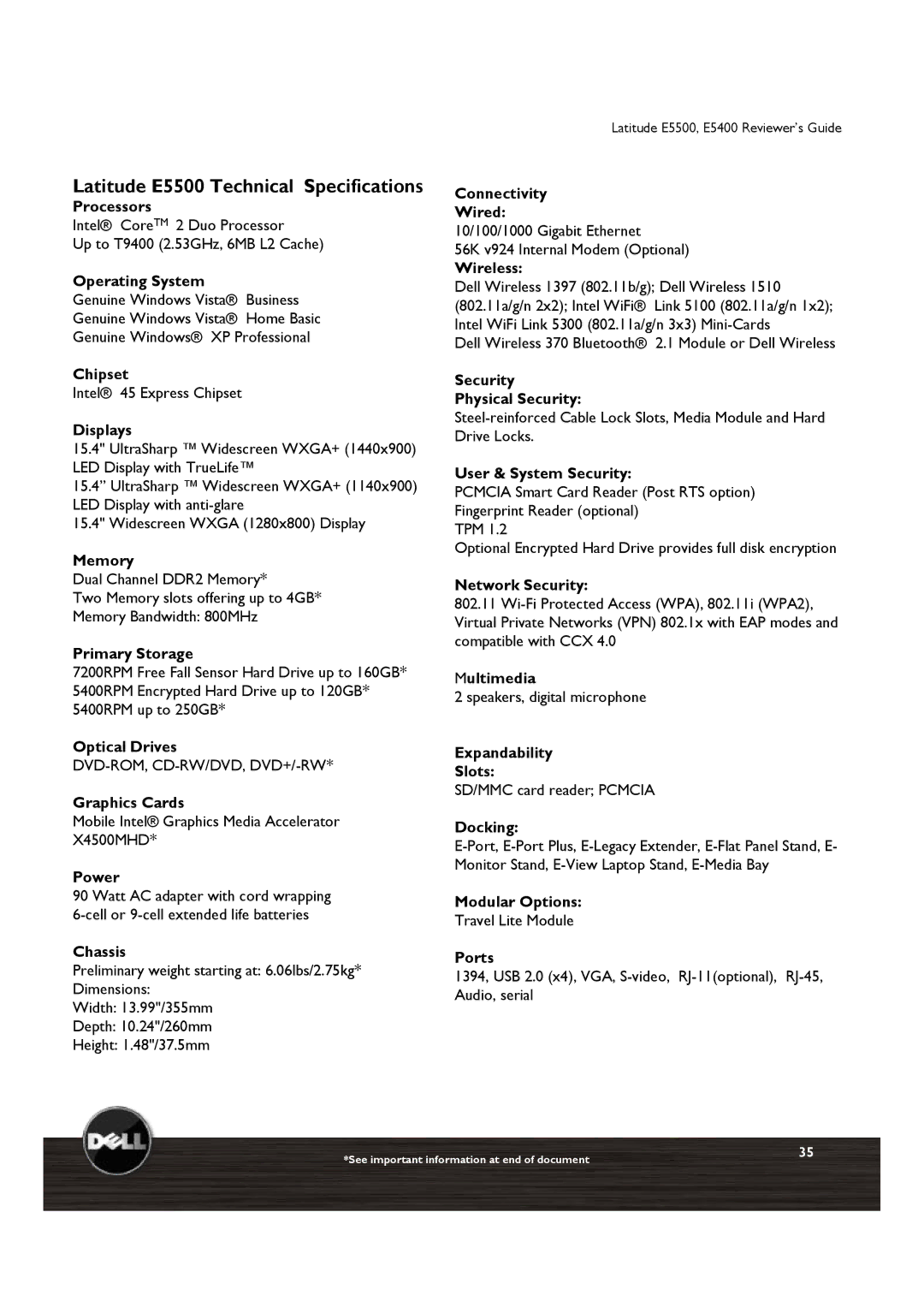 Dell E5400 manual Latitude E5500 Technical Specifications 