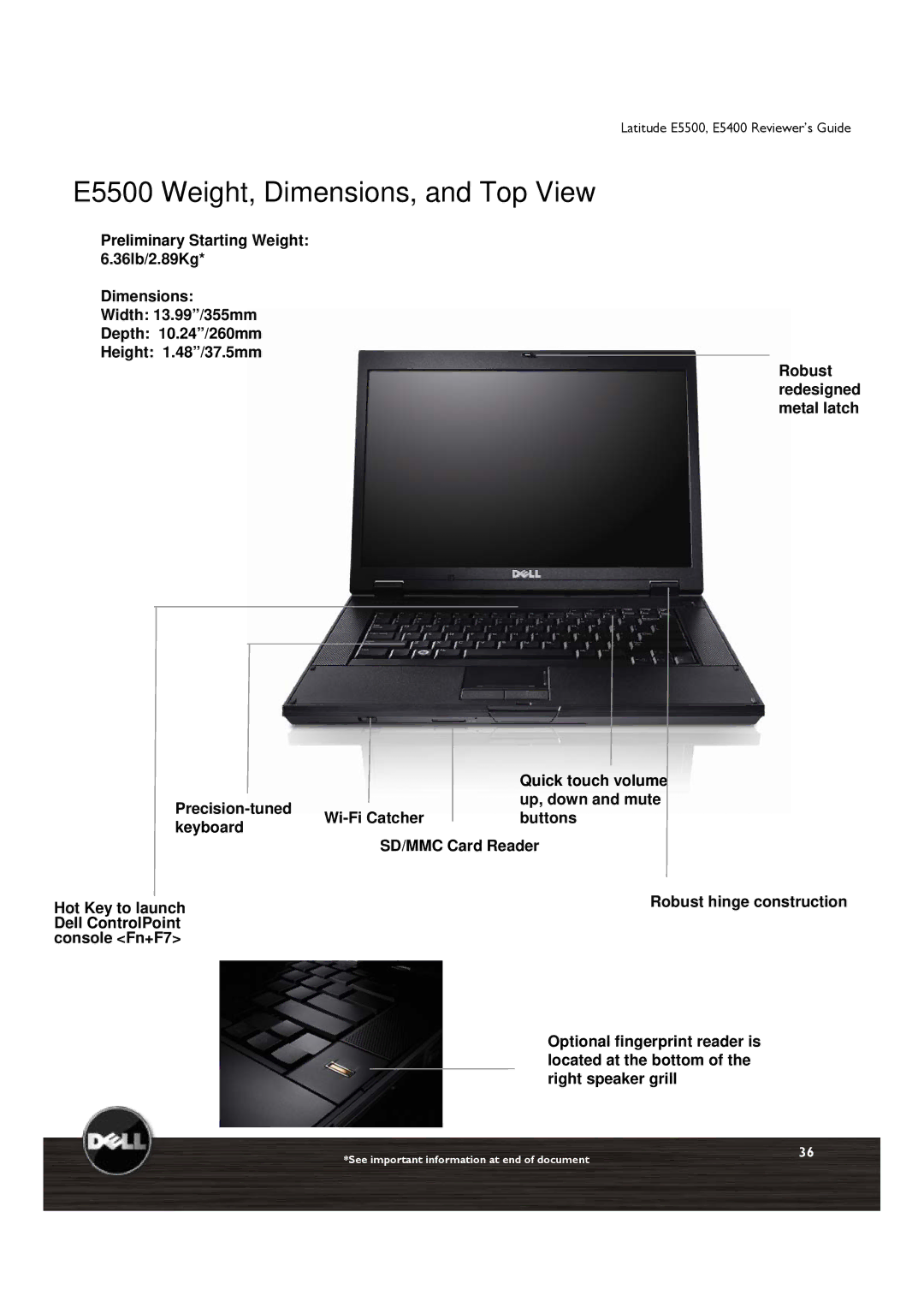 Dell E5400 manual E5500 Weight, Dimensions, and Top View 