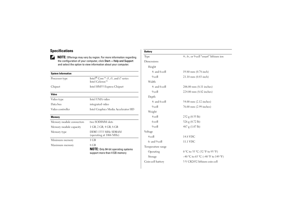 Dell E5410 manual Specifications 