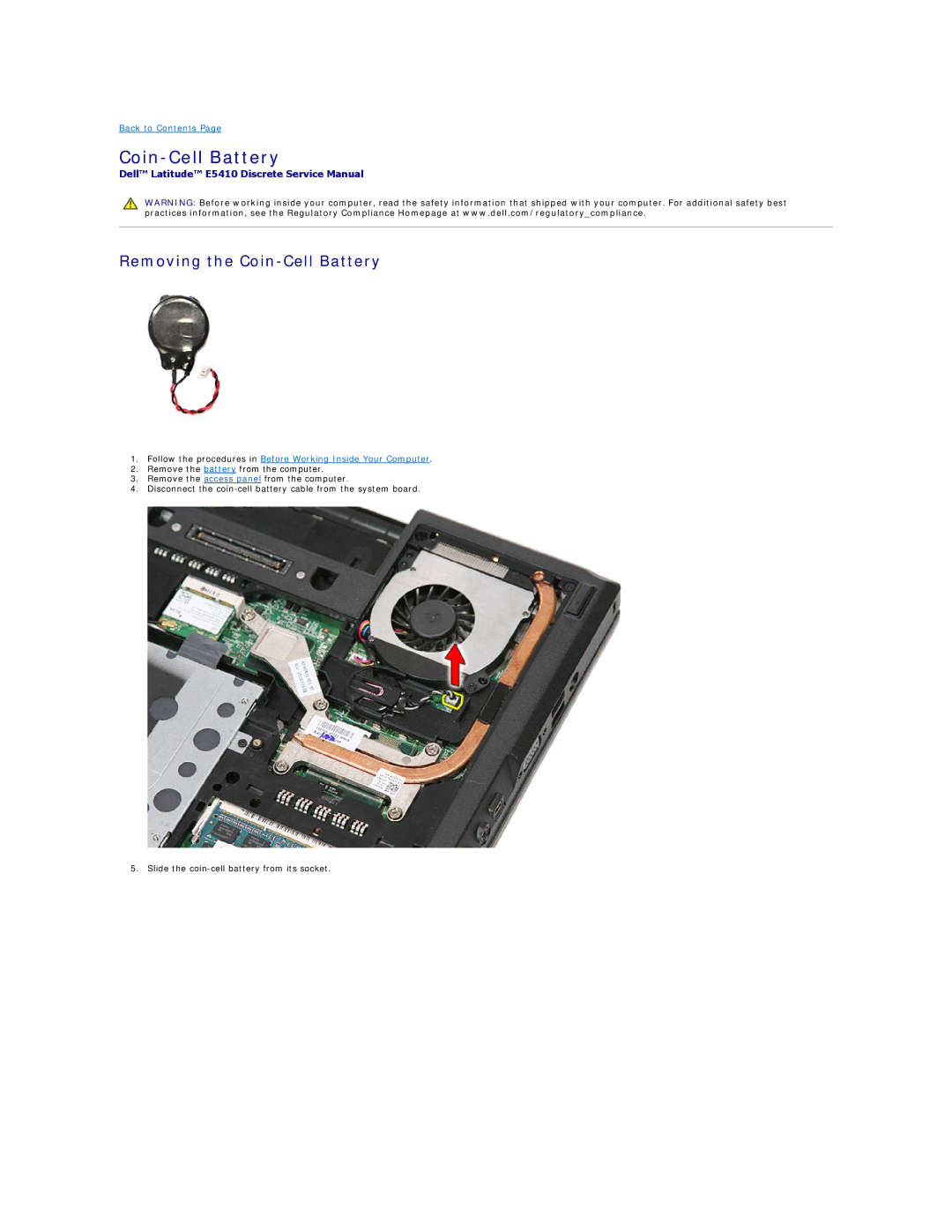 Dell E5410 specifications Removing the Coin-Cell Battery 