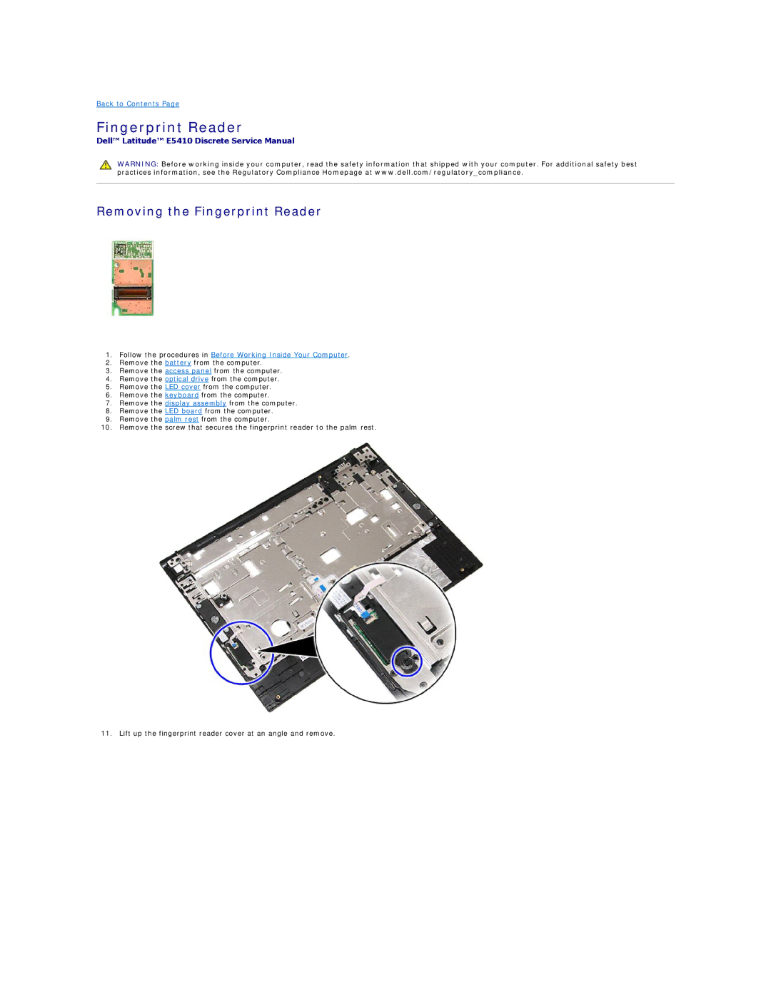 Dell E5410 specifications Removing the Fingerprint Reader 