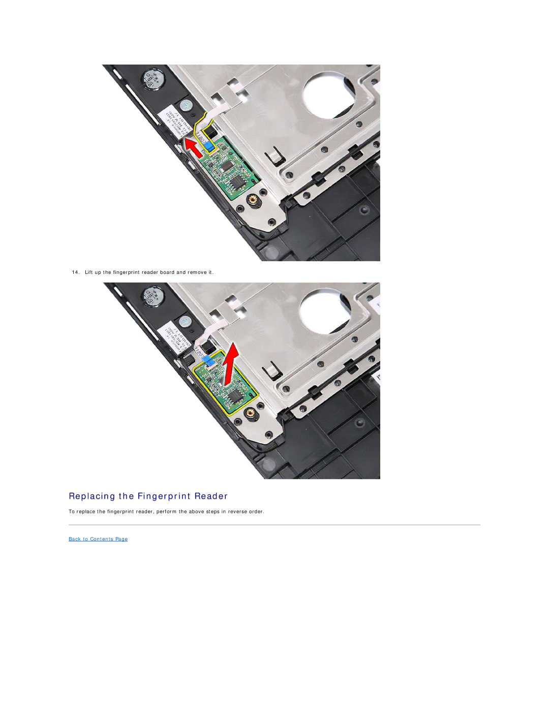 Dell E5410 specifications Replacing the Fingerprint Reader 