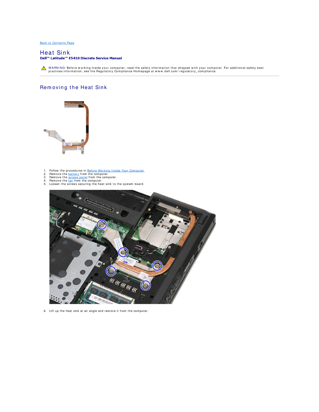 Dell E5410 specifications Removing the Heat Sink 