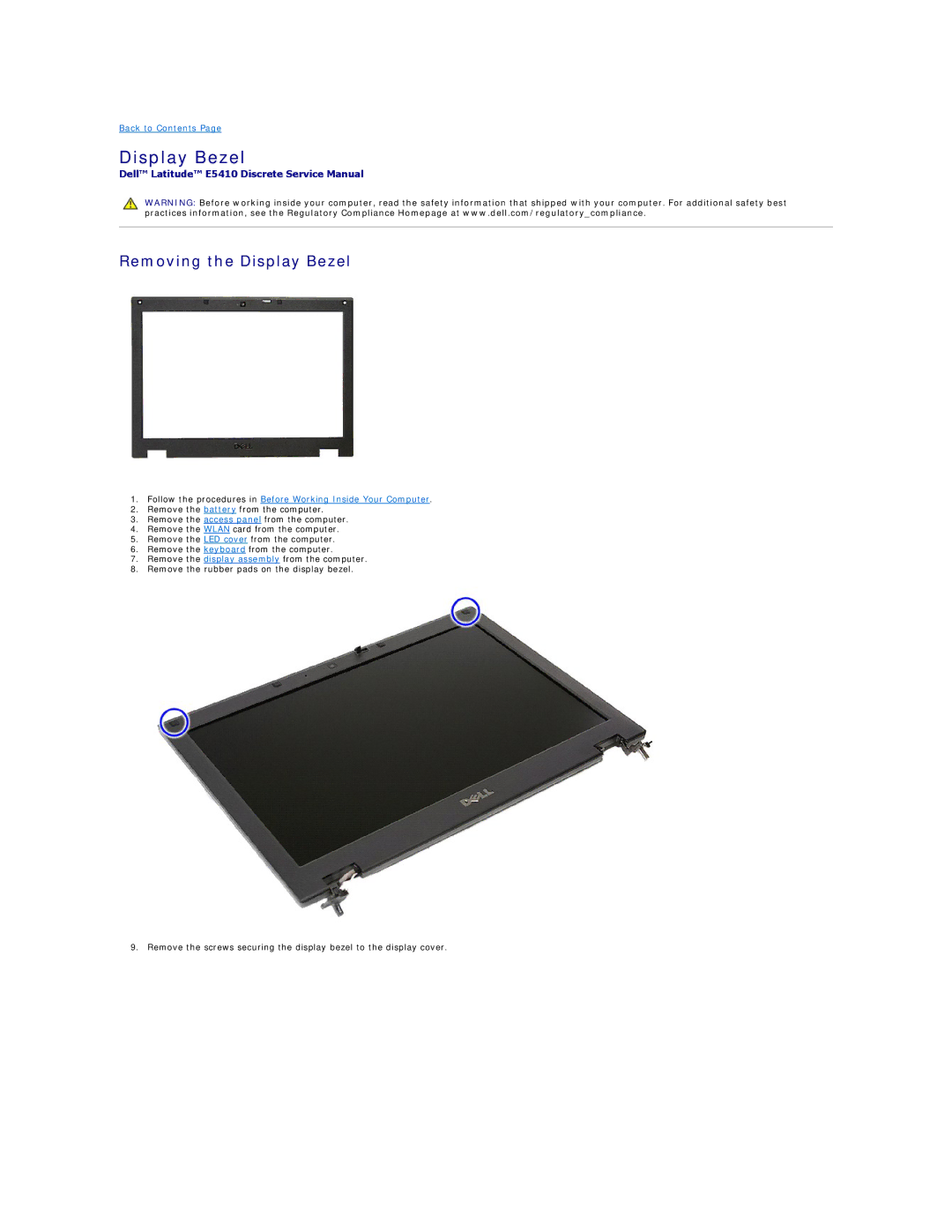 Dell E5410 specifications Removing the Display Bezel 