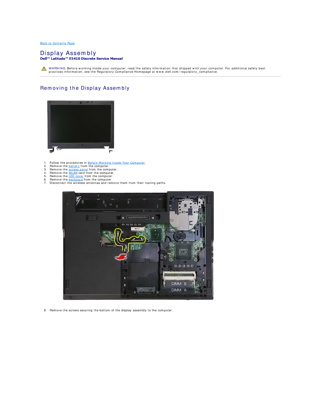 Dell E5410 specifications Removing the Display Assembly 