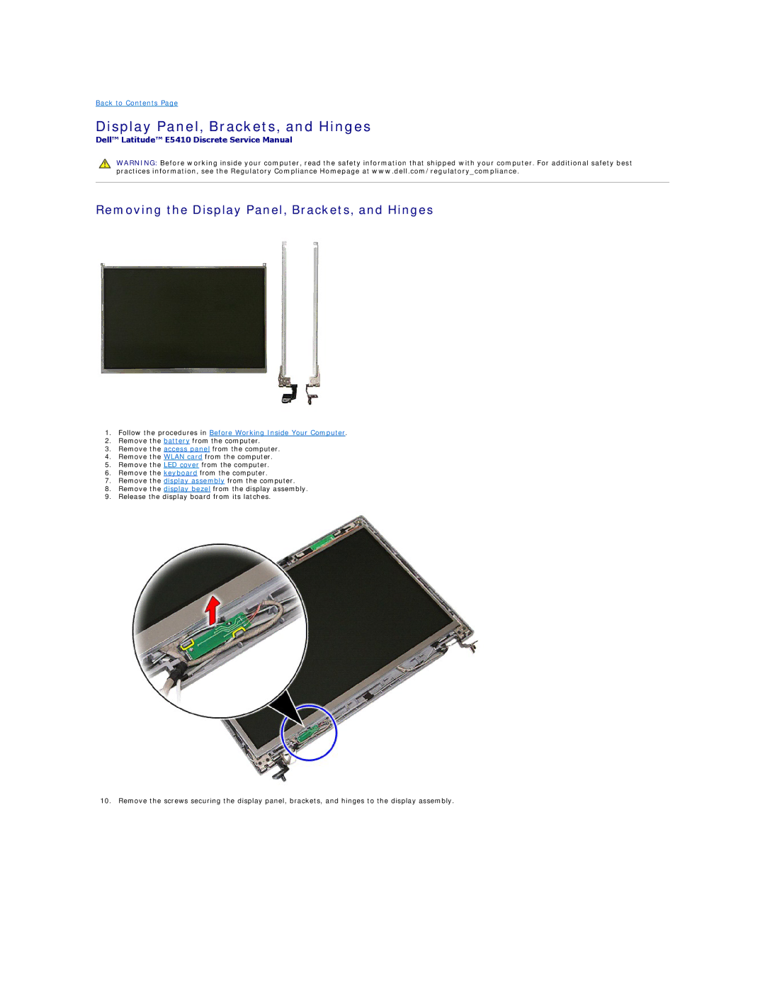 Dell E5410 specifications Removing the Display Panel, Brackets, and Hinges 