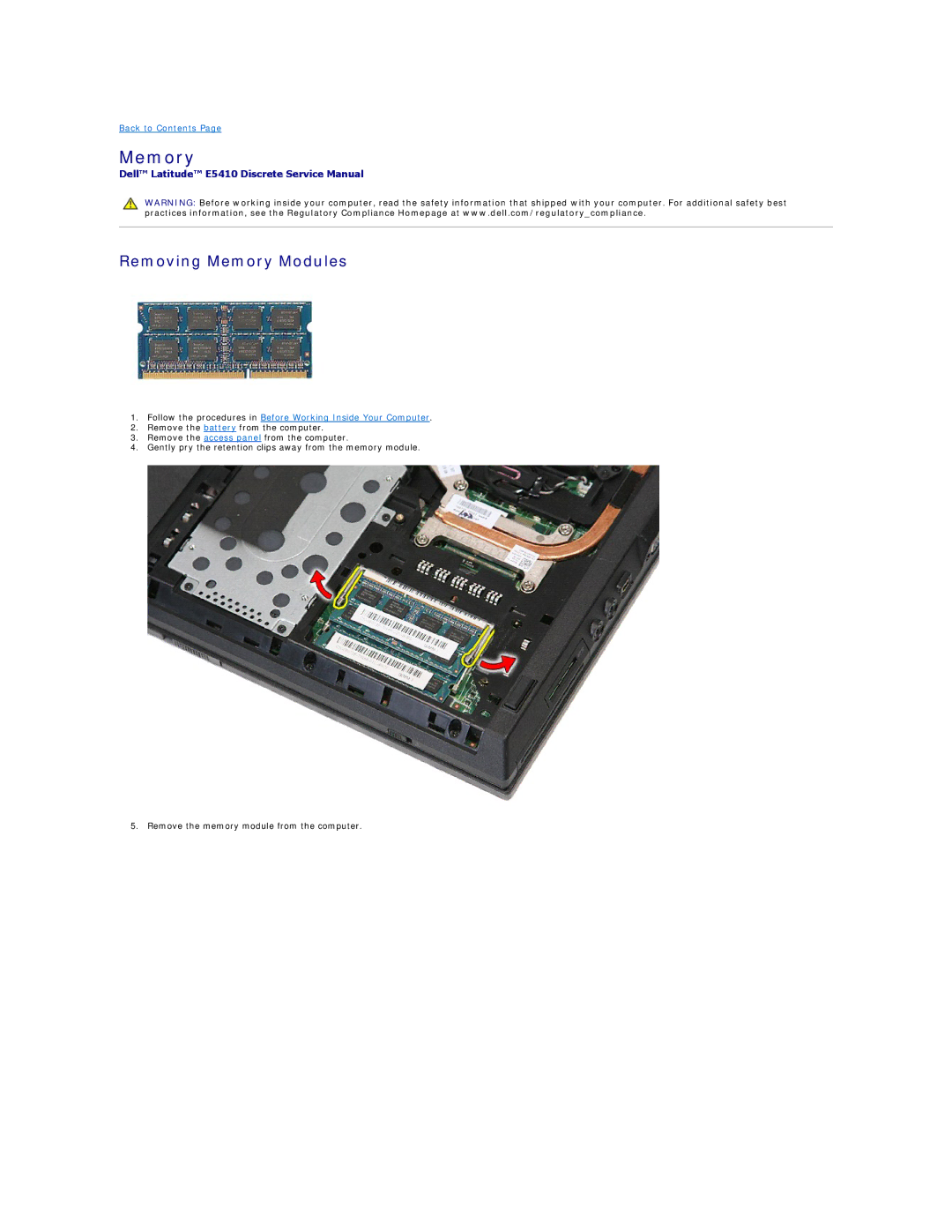 Dell E5410 specifications Removing Memory Modules 