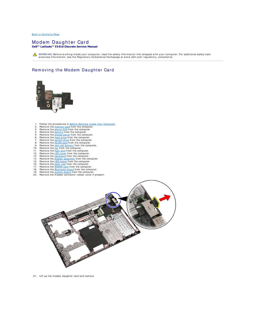 Dell E5410 specifications Removing the Modem Daughter Card 