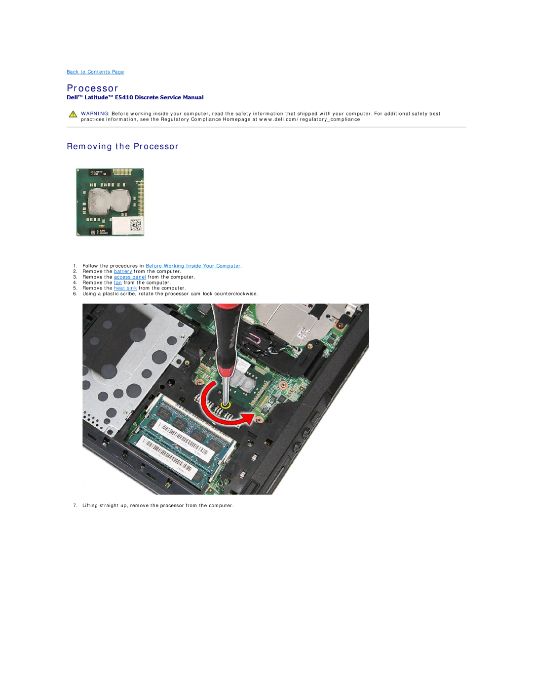 Dell E5410 specifications Removing the Processor 