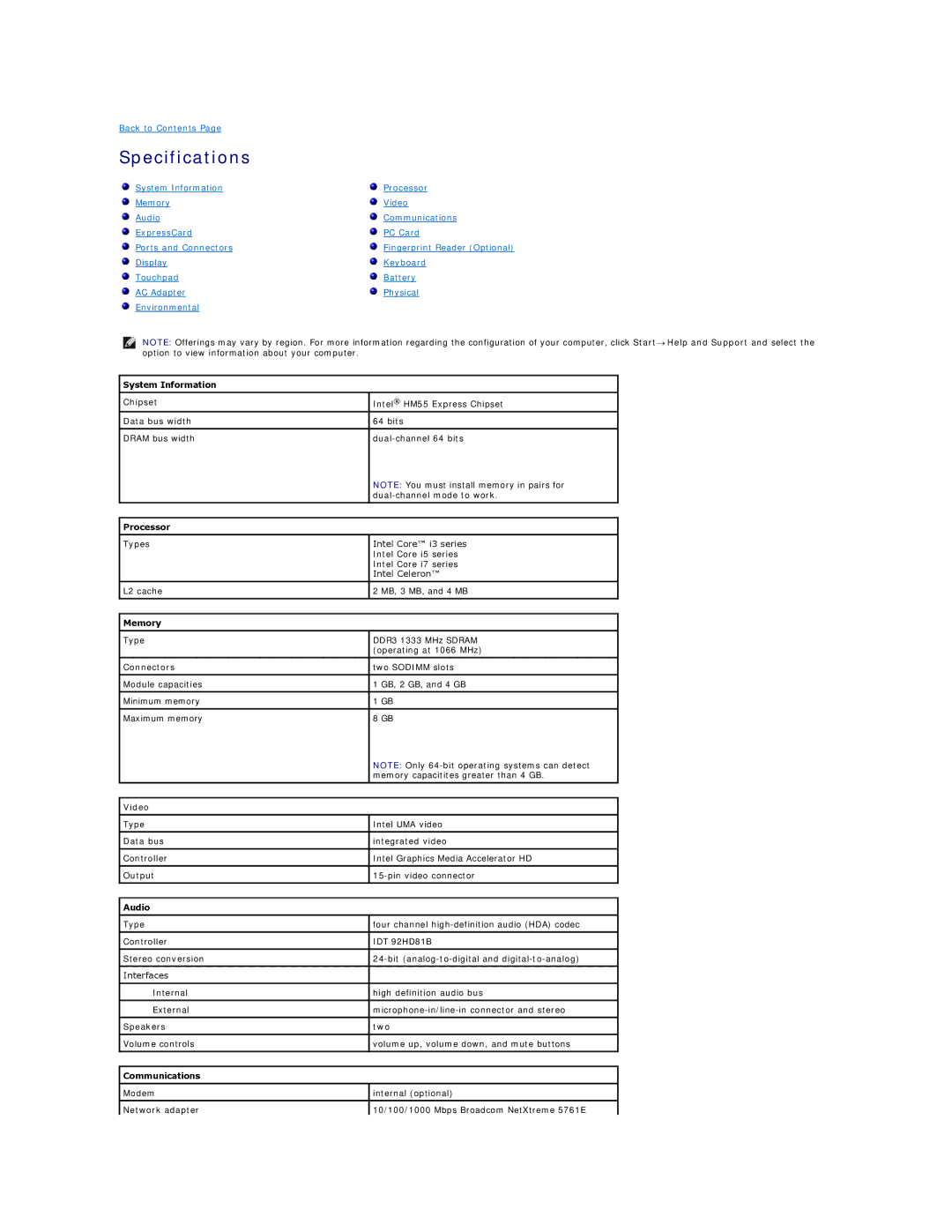 Dell E5410 specifications Specifications, Processor, Memory, Audio, Communications 