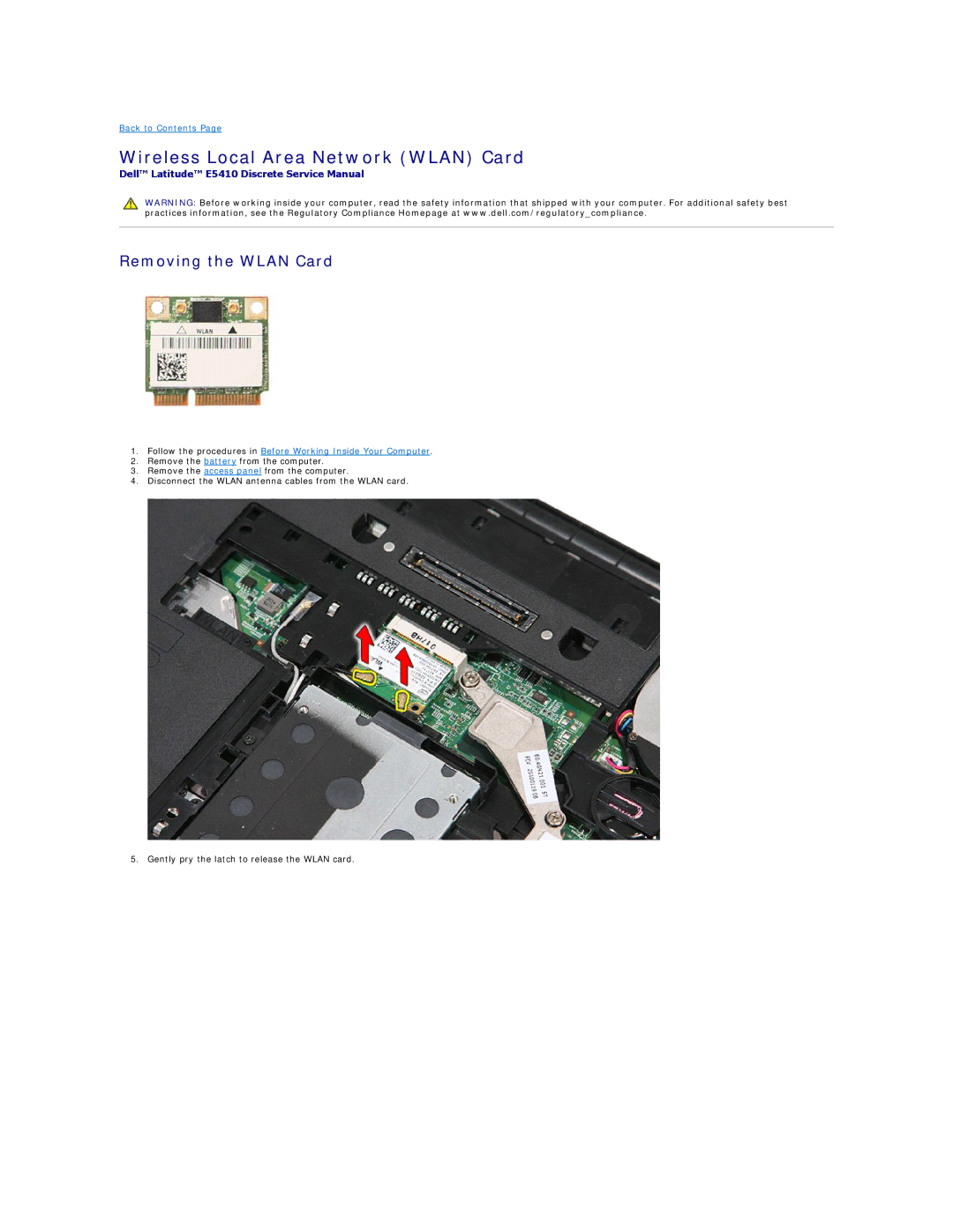 Dell E5410 specifications Wireless Local Area Network Wlan Card, Removing the Wlan Card 
