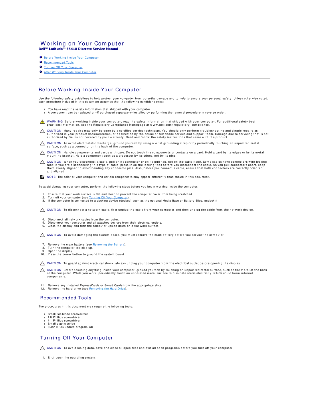 Dell E5410 specifications Working on Your Computer, Before Working Inside Your Computer, Turning Off Your Computer 