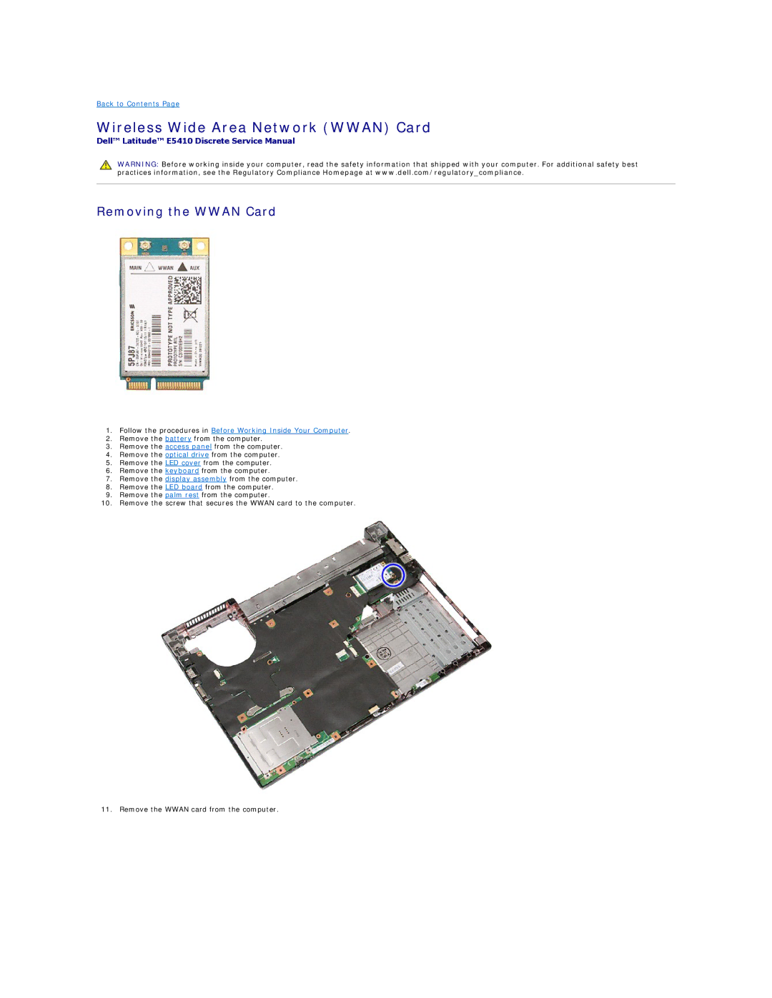 Dell E5410 specifications Wireless Wide Area Network Wwan Card, Removing the Wwan Card 