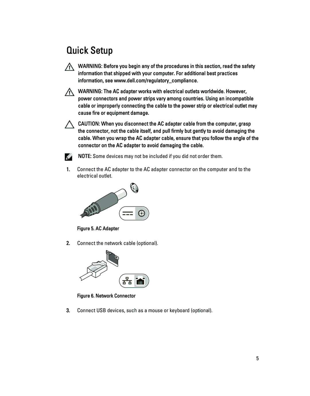 Dell E5530, E5430 manual Quick Setup, AC Adapter 