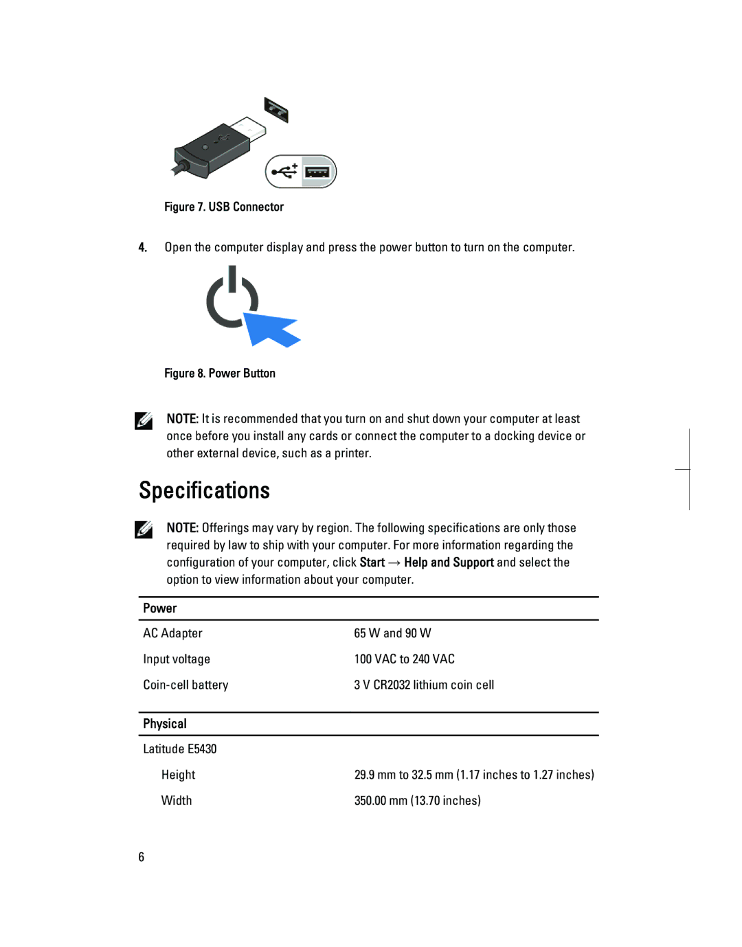 Dell E5430, E5530 manual Specifications, USB Connector 