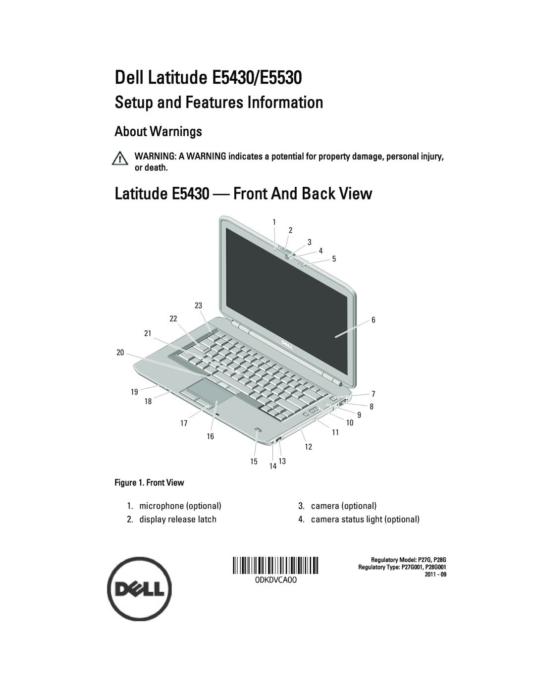 Dell manual Setup and Features Information, Latitude E5430 - Front And Back View, Dell Latitude E5430/E5530 