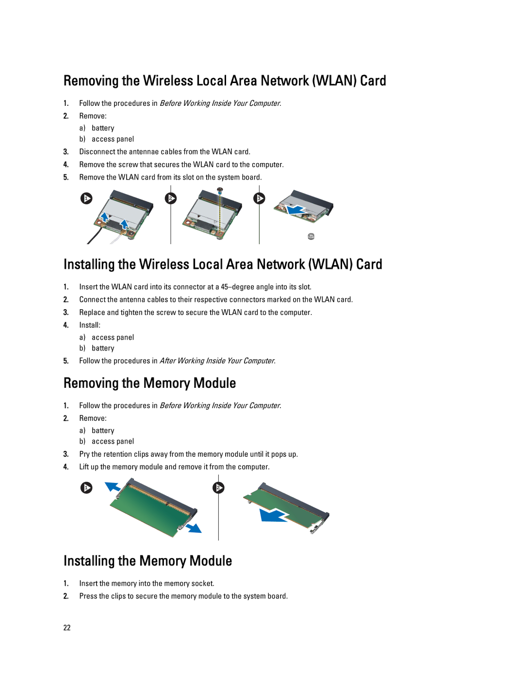 Dell E5430 Removing the Wireless Local Area Network Wlan Card, Installing the Wireless Local Area Network Wlan Card 