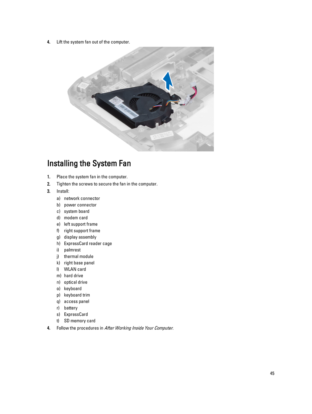 Dell E5430 owner manual Installing the System Fan 