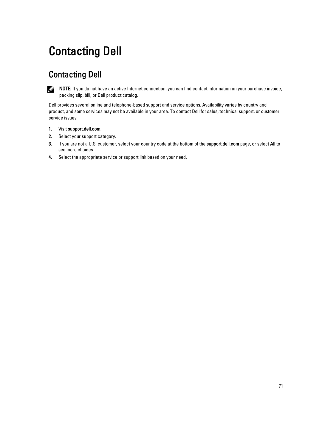 Dell E5430 owner manual Contacting Dell 