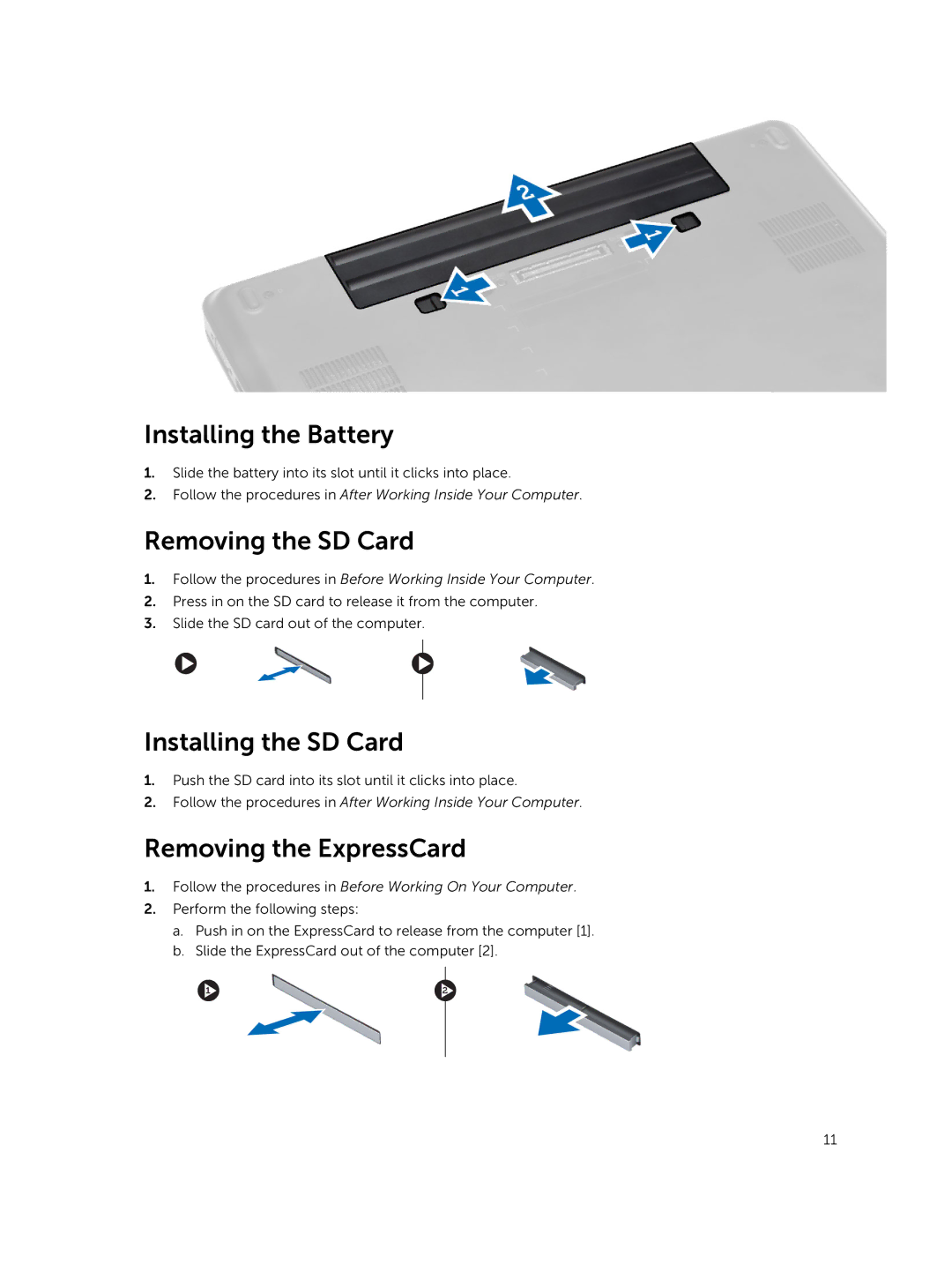 Dell E5440 owner manual Installing the Battery, Removing the SD Card, Installing the SD Card, Removing the ExpressCard 